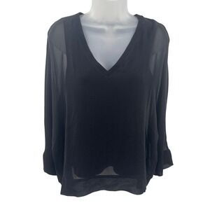 Go by Go Silk Black V-Neck Flowing Semi Sheer Long Sleeve Top Blouse Women Small